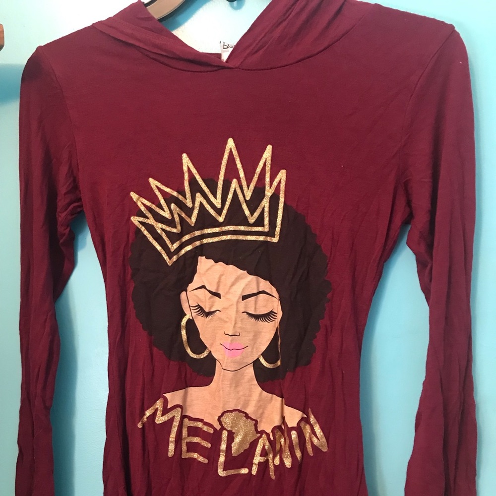 ⭐️Burgundy melanin shirt in gold writing with a hood